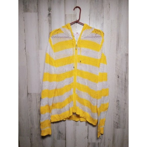 Quacker Factory Womens Cardigan Full Zip Yellow White Stripes Hood Tie Ramie XL - Picture 1 of 5
